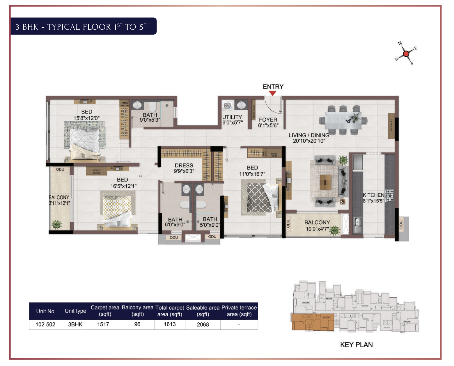 Casagrand Dior - 3BHK - Typical Floor Plan - 1st to 5th